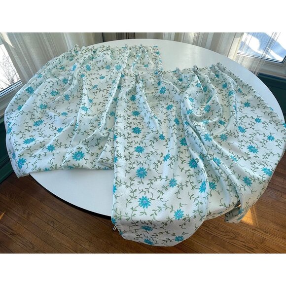 Vintage 60s floral pleated curtains, white and blue, Fiberglass, pair of panels - Picture 1 of 10